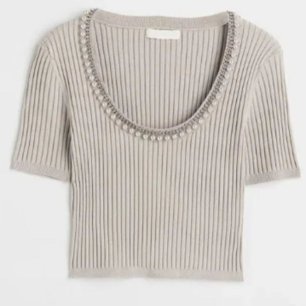 NWOT, H&M • Rhinestone Embellished Rib Knit Top, Size Small